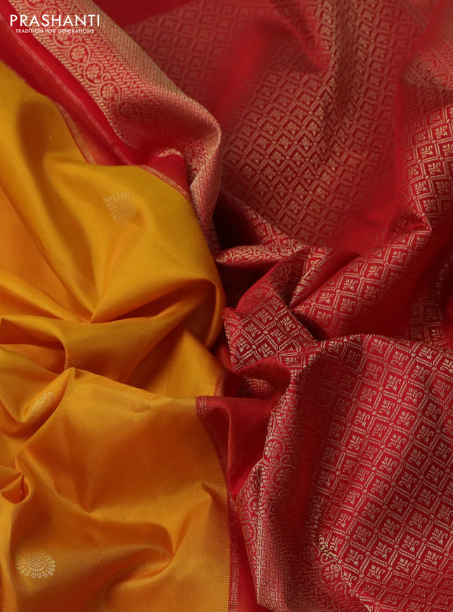 Pure gadwal silk saree yellow and red with zari woven buttas and temple design zari woven border