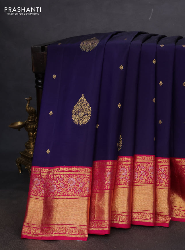 Pure gadwal silk saree dark blue and pink with zari woven buttas and long rich zari woven korvai border