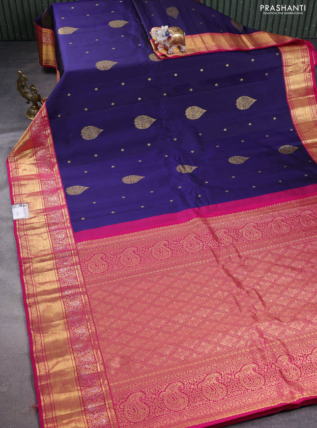Pure gadwal silk saree dark blue and pink with zari woven buttas and long rich zari woven korvai border