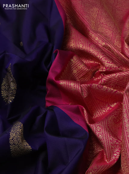 Pure gadwal silk saree dark blue and pink with zari woven buttas and long rich zari woven korvai border