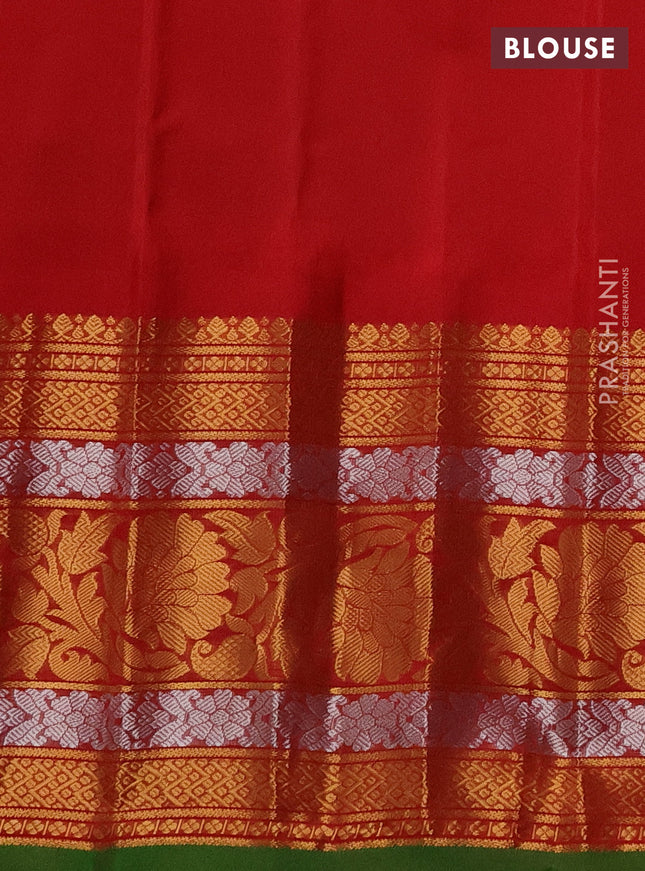 Pure gadwal silk saree mustard yellow and red with floral zari woven buttas and long temple design zari woven korvai border