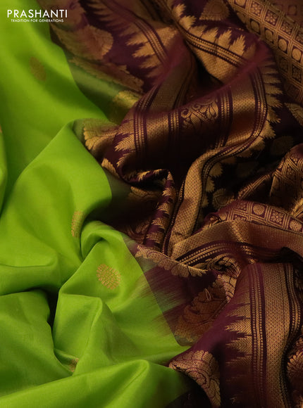 Pure gadwal silk saree light green and deep maroon with zari woven buttas and temple design zari woven korvai border