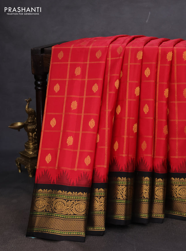 Pure gadwal silk saree kumkum red and black with allover zari checks & buttas and temple design zari woven korvai border