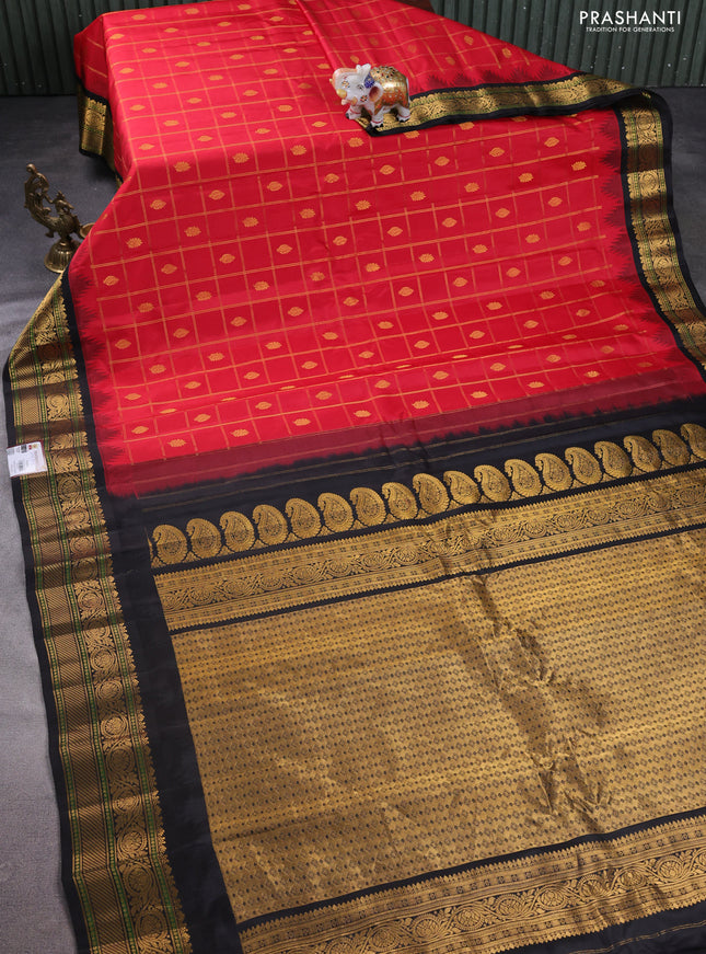 Pure gadwal silk saree kumkum red and black with allover zari checks & buttas and temple design zari woven korvai border