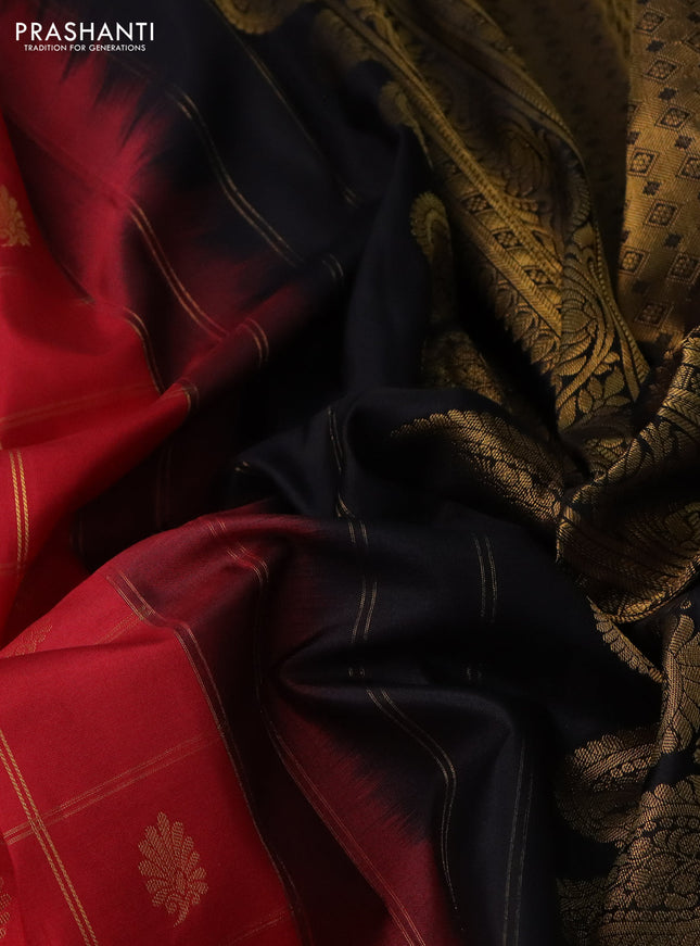 Pure gadwal silk saree kumkum red and black with allover zari checks & buttas and temple design zari woven korvai border
