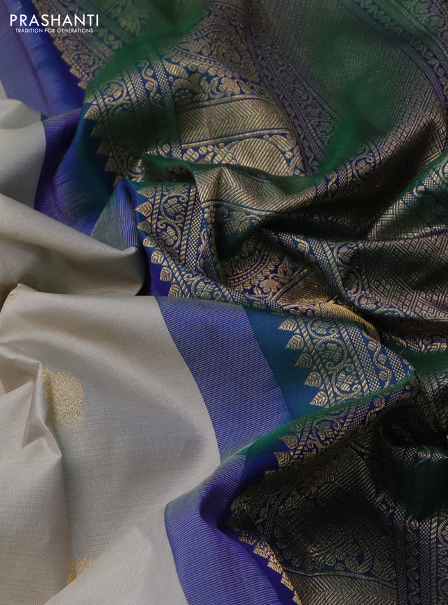 Pure gadwal silk saree pastel grey and dual shade of bluish green with annam zari woven buttas and temple design zari woven border