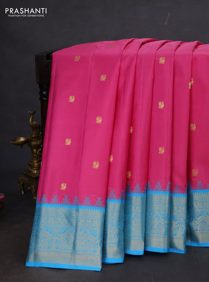 Pure gadwal silk saree pink and light blue with annam zari woven buttas and temple design zari woven border