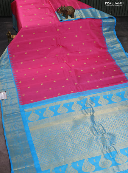 Pure gadwal silk saree pink and light blue with annam zari woven buttas and temple design zari woven border