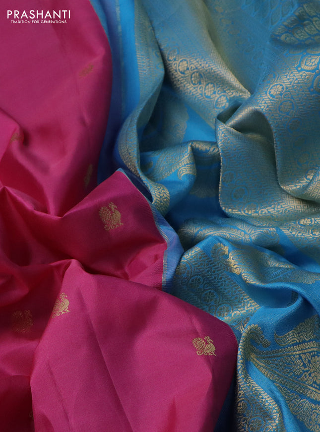 Pure gadwal silk saree pink and light blue with annam zari woven buttas and temple design zari woven border