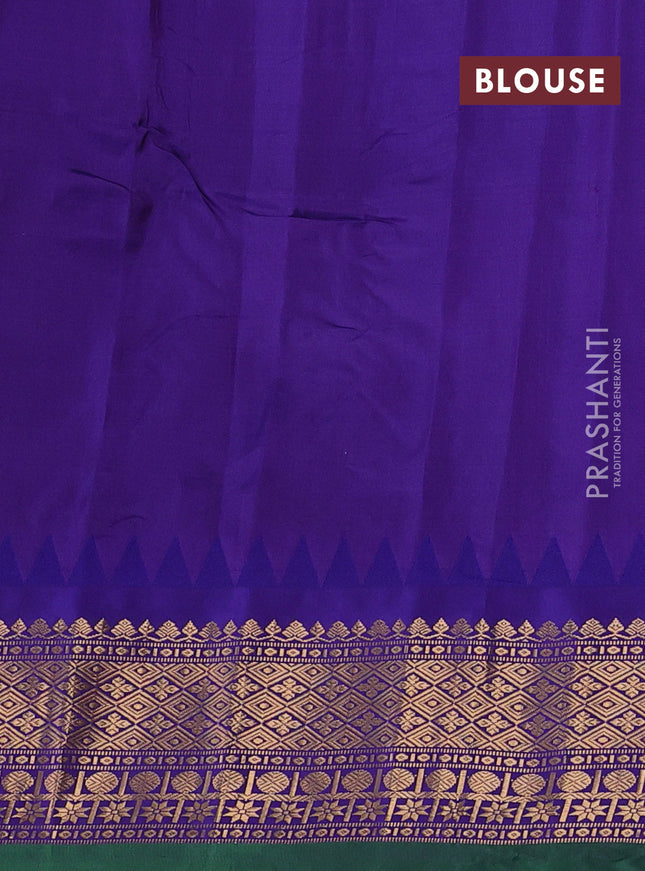 Pure gadwal silk saree teal blue and violet shade with allover muniya buttas and temple design zari woven border