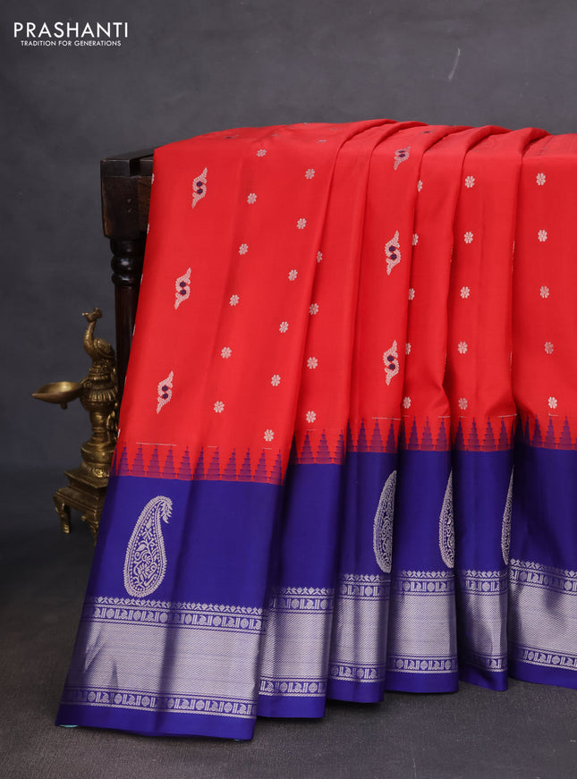 Pure gadwal silk saree maroon and blue with silver zari woven buttas and temple design silver zari woven border