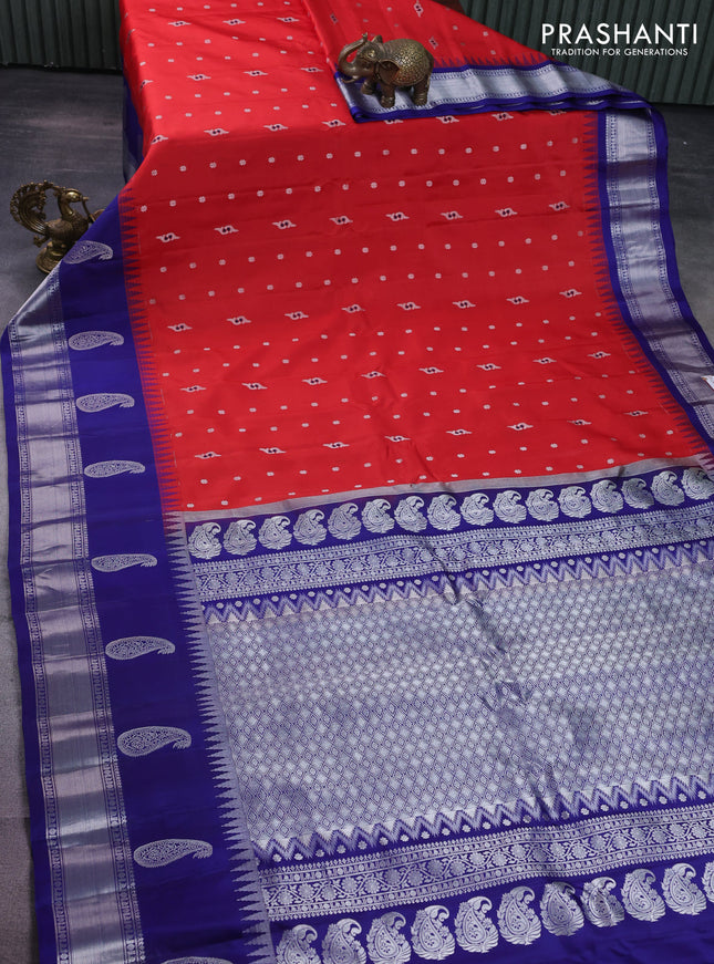 Pure gadwal silk saree maroon and blue with silver zari woven buttas and temple design silver zari woven border