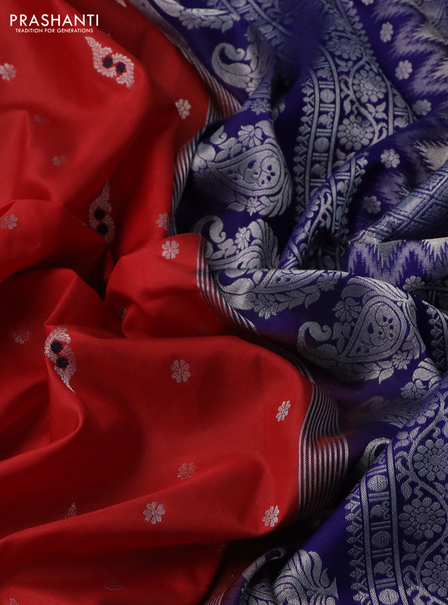 Pure gadwal silk saree maroon and blue with silver zari woven buttas and temple design silver zari woven border