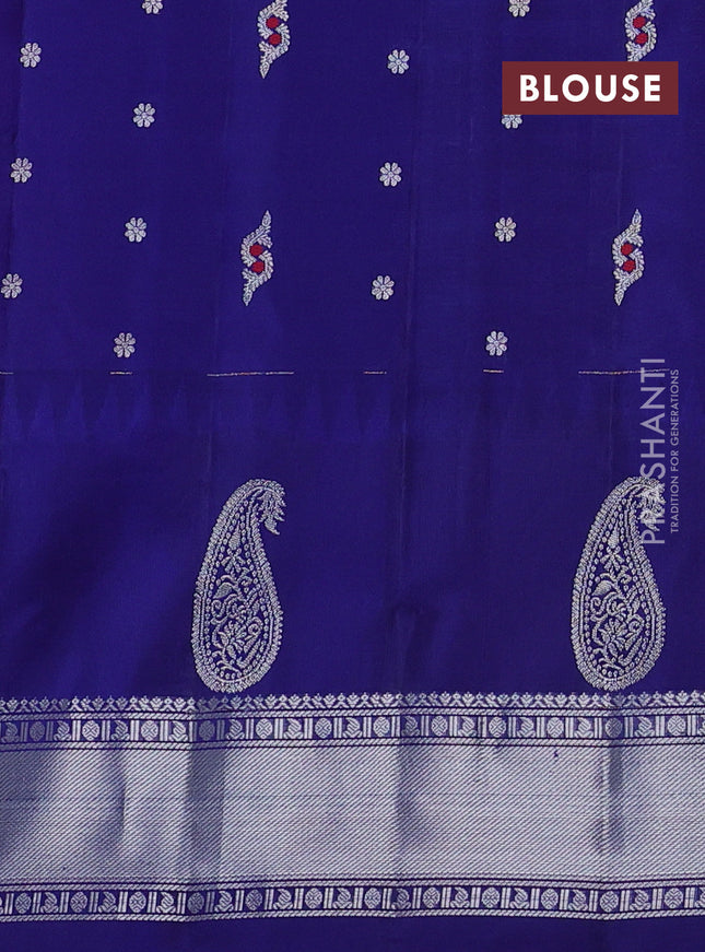 Pure gadwal silk saree maroon and blue with silver zari woven buttas and temple design silver zari woven border