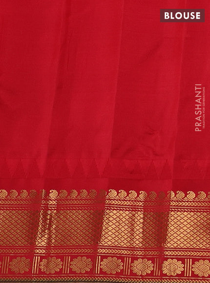 Pure gadwal silk saree dual shade of green and red with floral zari woven buttas and temple design zari woven border