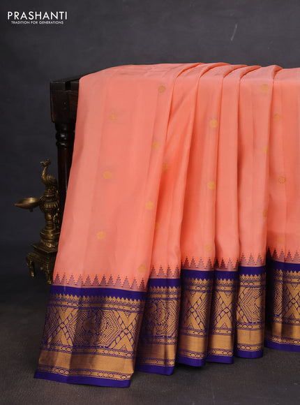 Pure gadwal silk saree peach orange and blue with zari woven buttas and temple design zari woven border