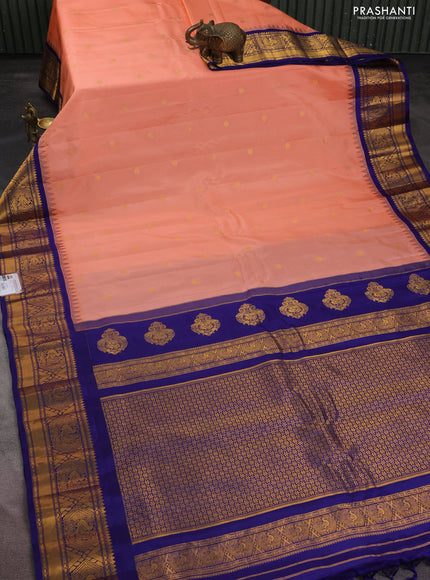 Pure gadwal silk saree peach orange and blue with zari woven buttas and temple design zari woven border