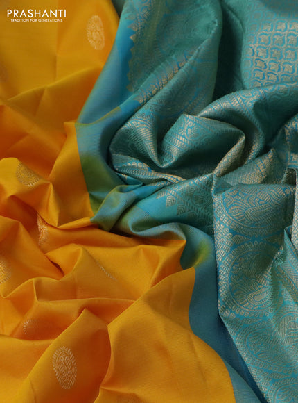 Pure gadwal silk saree yellow and teal blue with zari woven buttas and temple design zari woven border