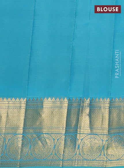 Pure gadwal silk saree yellow and teal blue with zari woven buttas and temple design zari woven border