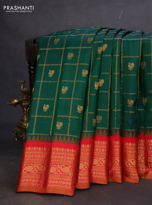 Pure gadwal silk saree greeb and red with allover zari checks & annam buttas and temple design zari woven korvai border