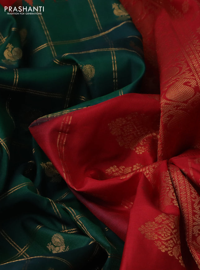 Pure gadwal silk saree greeb and red with allover zari checks & annam buttas and temple design zari woven korvai border