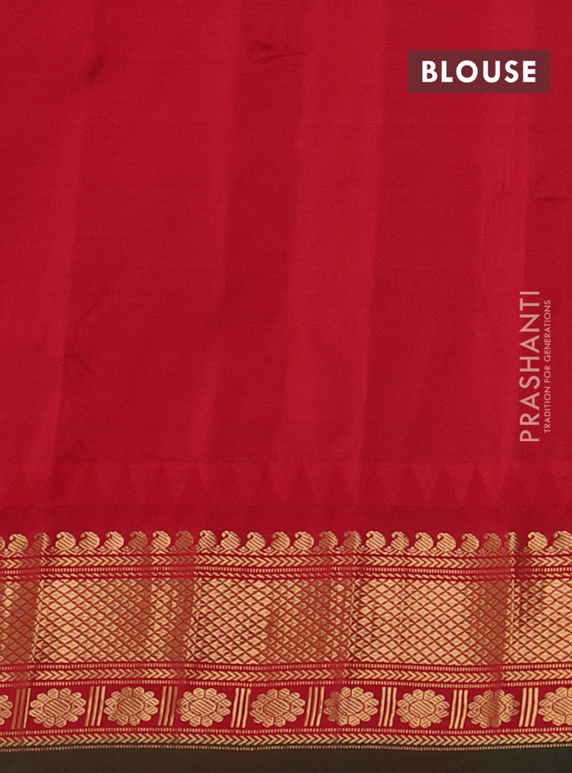 Pure gadwal silk saree light blue and red with floral zari woven buttas and temple design zari woven border