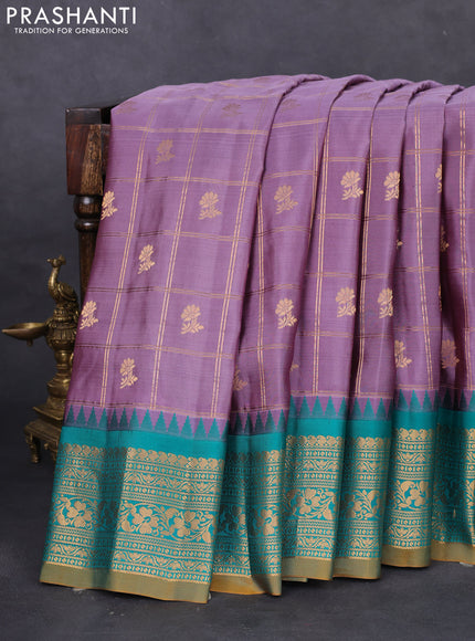Pure gadwal silk saree pastel lavender and teal green with allover zari checks & floral buttas and temple design zari woven korvai border
