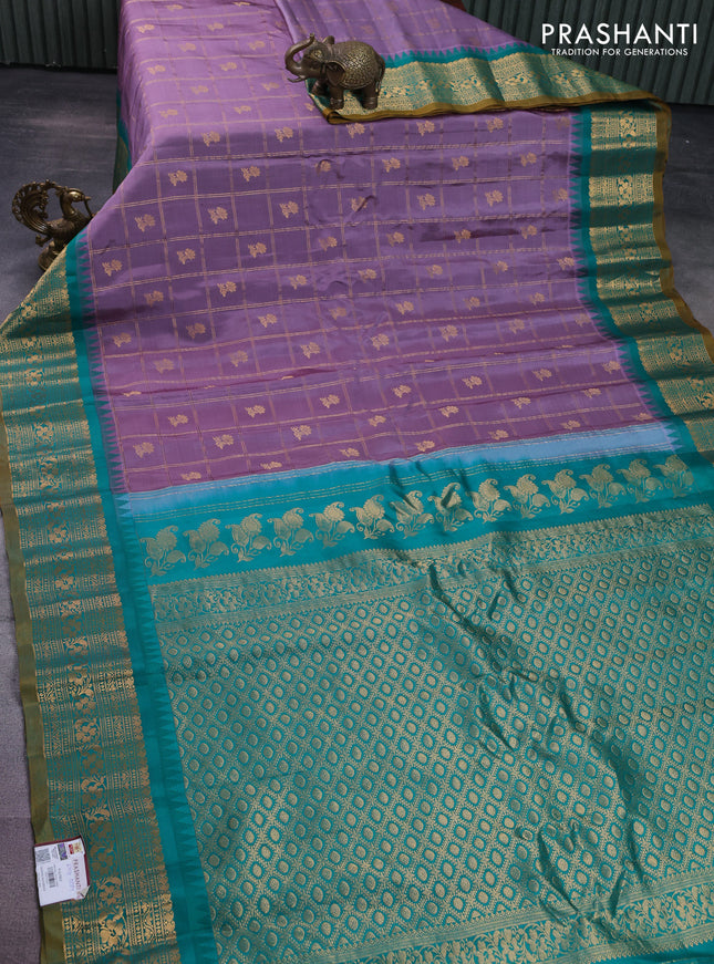 Pure gadwal silk saree pastel lavender and teal green with allover zari checks & floral buttas and temple design zari woven korvai border