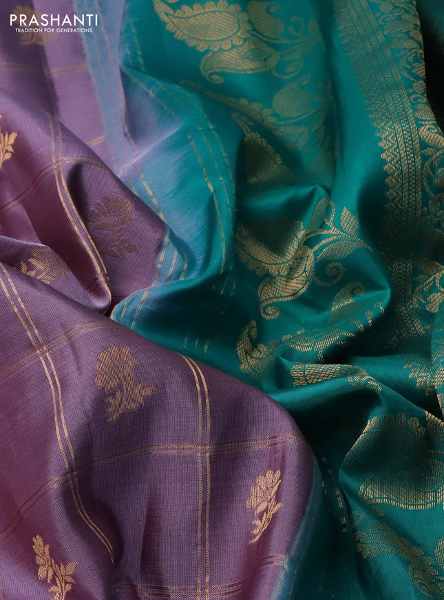 Pure gadwal silk saree pastel lavender and teal green with allover zari checks & floral buttas and temple design zari woven korvai border