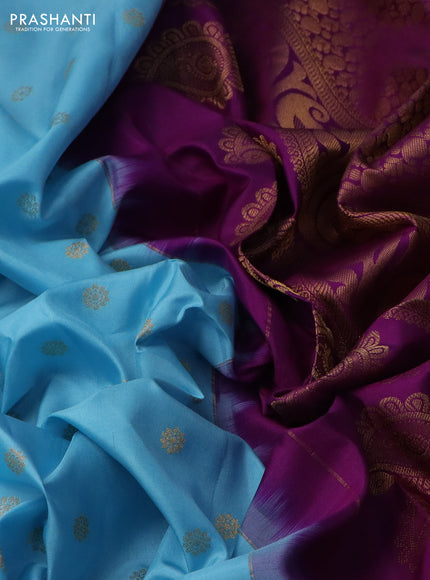 Pure gadwal silk saree light blue and purple with allover zari woven buttas and temple design zari woven border