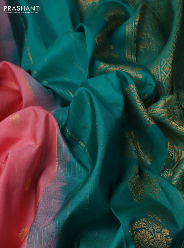 Pure gadwal silk saree pastel peach pink and teal green with floral zari woven buttas and long temple design zari woven border