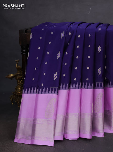 Pure gadwal silk saree navy bluw and lavender with silver zari woven buttas and long temple design silver zari woven border