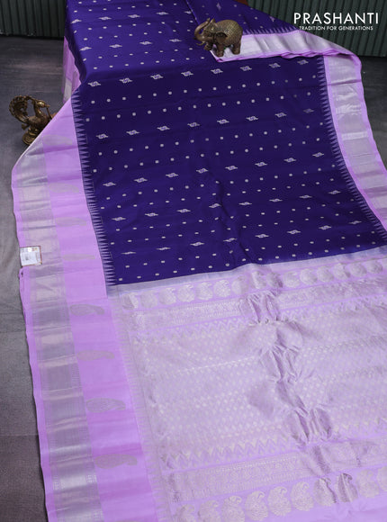 Pure gadwal silk saree navy bluw and lavender with silver zari woven buttas and long temple design silver zari woven border