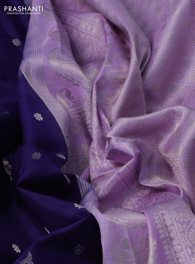 Pure gadwal silk saree navy bluw and lavender with silver zari woven buttas and long temple design silver zari woven border