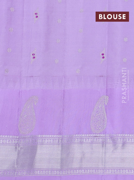 Pure gadwal silk saree navy bluw and lavender with silver zari woven buttas and long temple design silver zari woven border