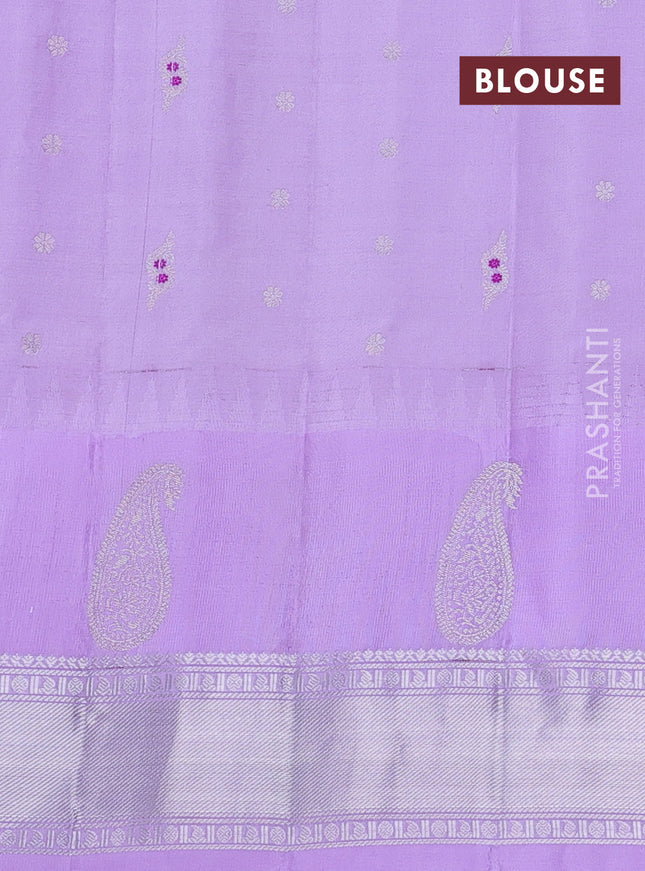 Pure gadwal silk saree navy bluw and lavender with silver zari woven buttas and long temple design silver zari woven border