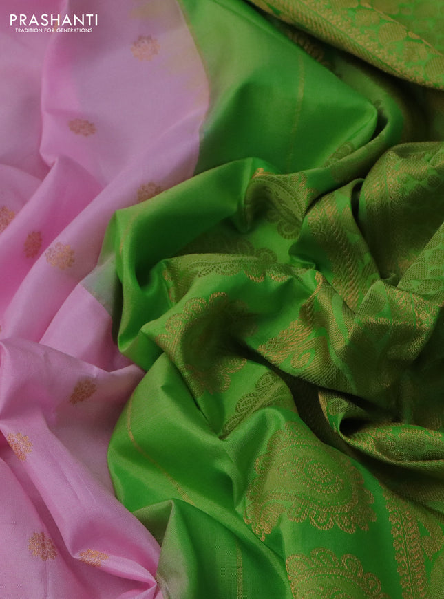 Pure gadwal silk saree light pink and green with floral zari woven buttas and temple design zari woven border
