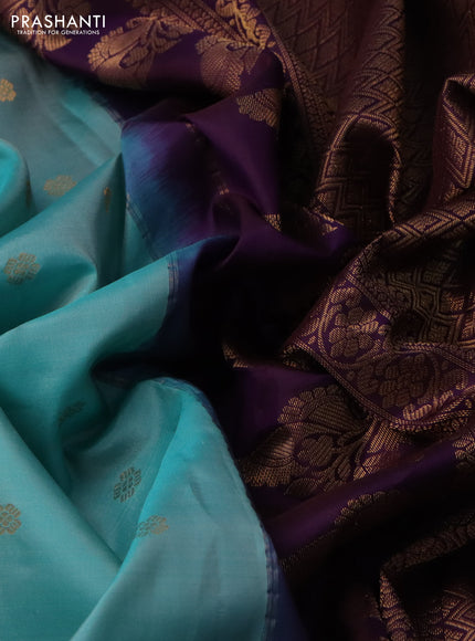 Pure gadwal silk saree teal blue and wine shade with floral zari woven buttas and temple design zari woven border