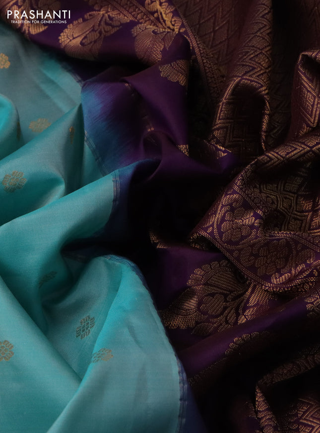 Pure gadwal silk saree teal blue and wine shade with floral zari woven buttas and temple design zari woven border