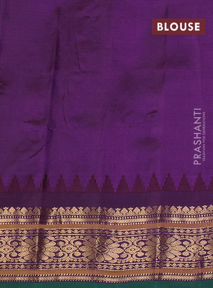 Pure gadwal silk saree teal blue and wine shade with floral zari woven buttas and temple design zari woven border