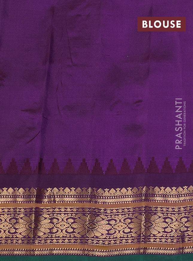 Pure gadwal silk saree teal blue and wine shade with floral zari woven buttas and temple design zari woven border