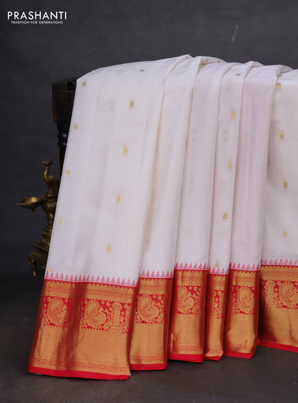 Pure gadwal silk saree off white and red with zari woven buttas and temple design zari woven border