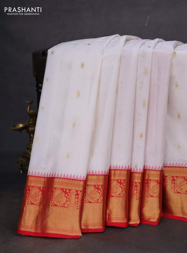 Pure gadwal silk saree off white and red with zari woven buttas and temple design zari woven border
