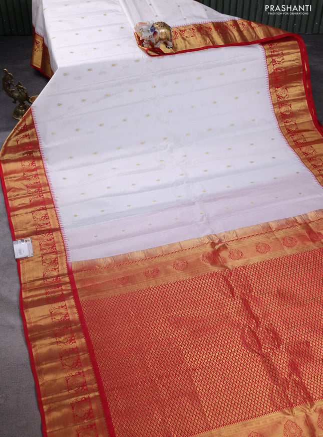 Pure gadwal silk saree off white and red with zari woven buttas and temple design zari woven border