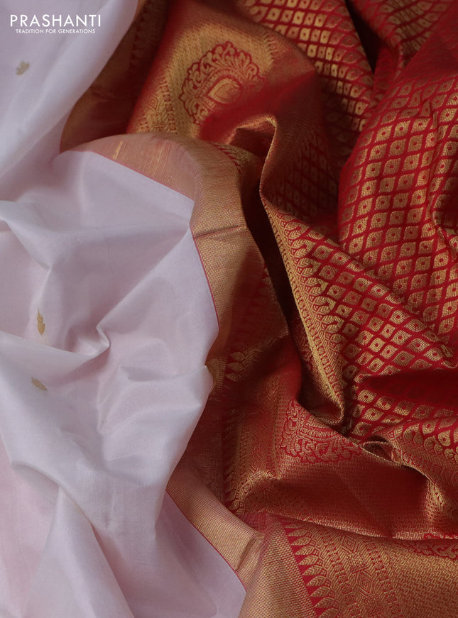 Pure gadwal silk saree off white and red with zari woven buttas and temple design zari woven border