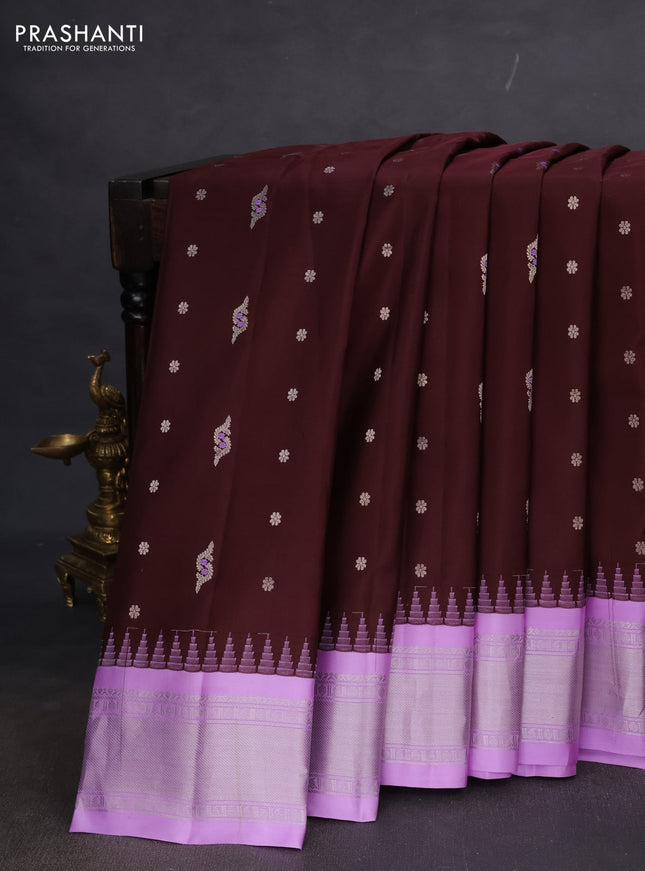Pure gadwal silk saree coffee brown and lavender with silver zari woven buttas and long temple design silver zari woven border