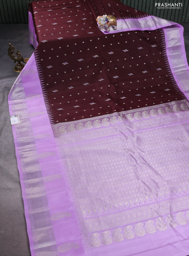 Pure gadwal silk saree coffee brown and lavender with silver zari woven buttas and long temple design silver zari woven border