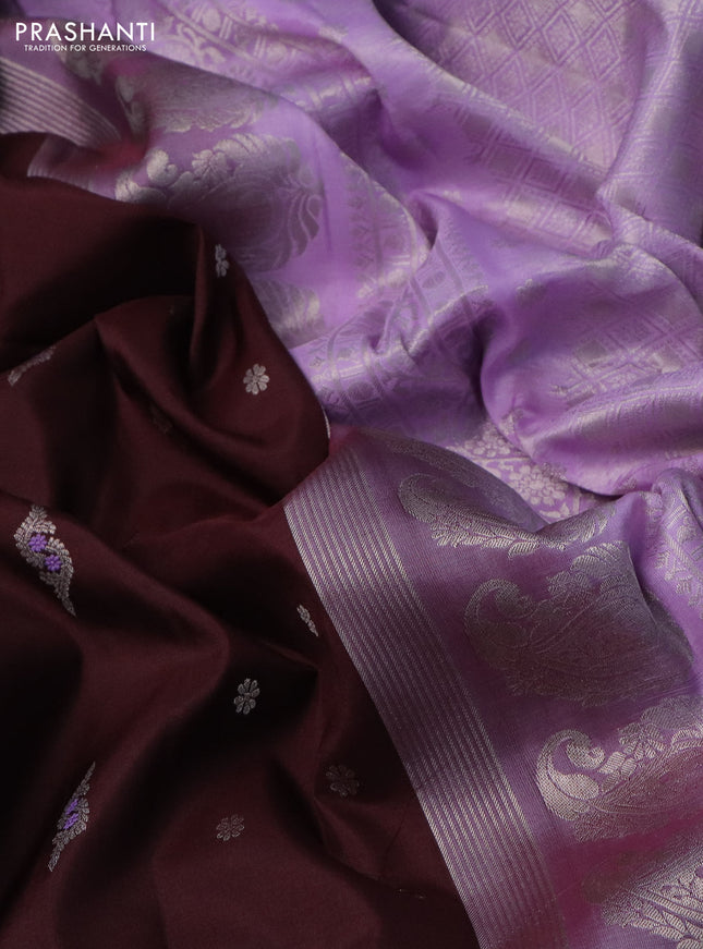 Pure gadwal silk saree coffee brown and lavender with silver zari woven buttas and long temple design silver zari woven border