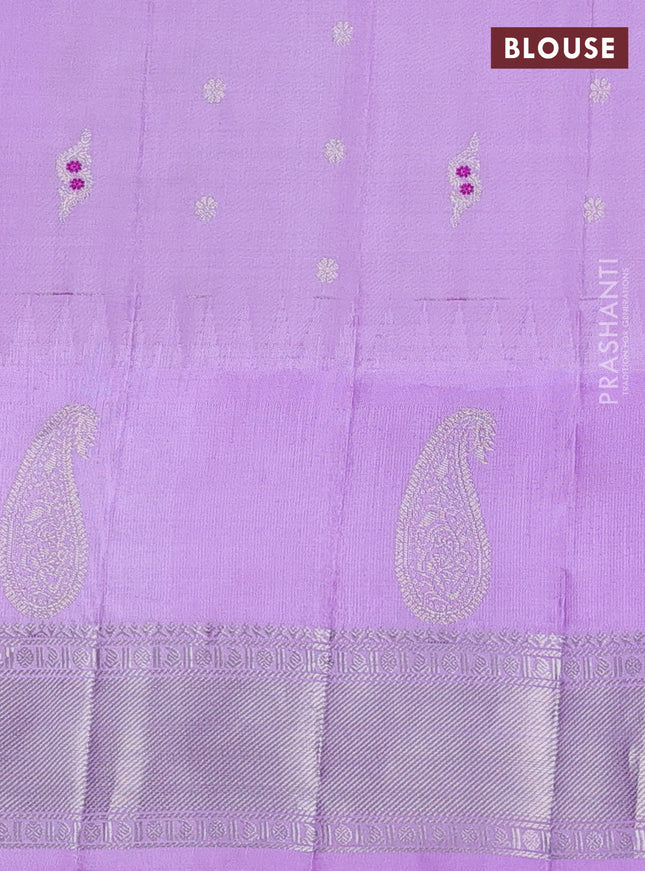 Pure gadwal silk saree coffee brown and lavender with silver zari woven buttas and long temple design silver zari woven border