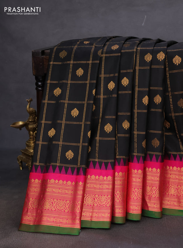 Pure gadwal silk saree black and pink with allover zari checks & buttas and temple design zari woven korvai border
